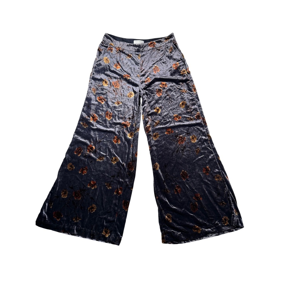 Anthropologie Ett Twa Velvet Floral Wide Leg Pants Grey Orange Large High Rise - Picture 2 of 7